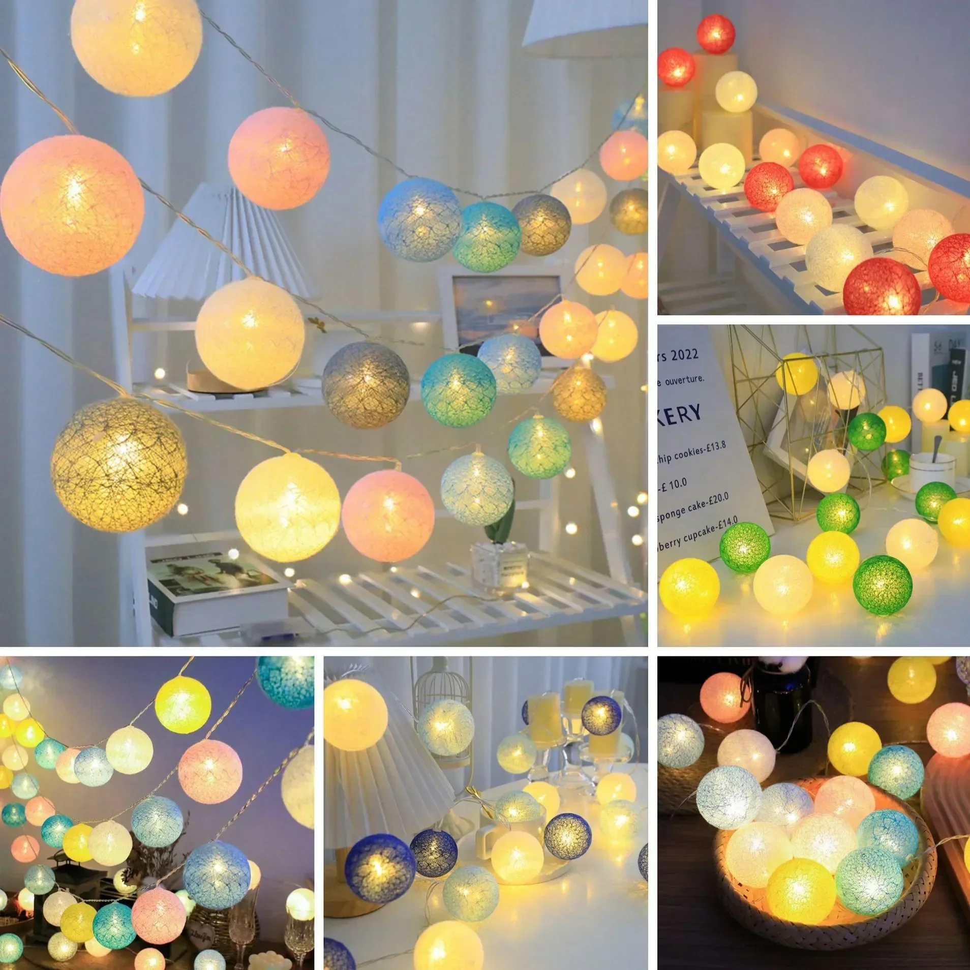 Cotton Ball String Fairy Night Lights LED Bulb Bedroom Christmas Halloween Outdoor Holiday Party Baby Bed Lights Decoration