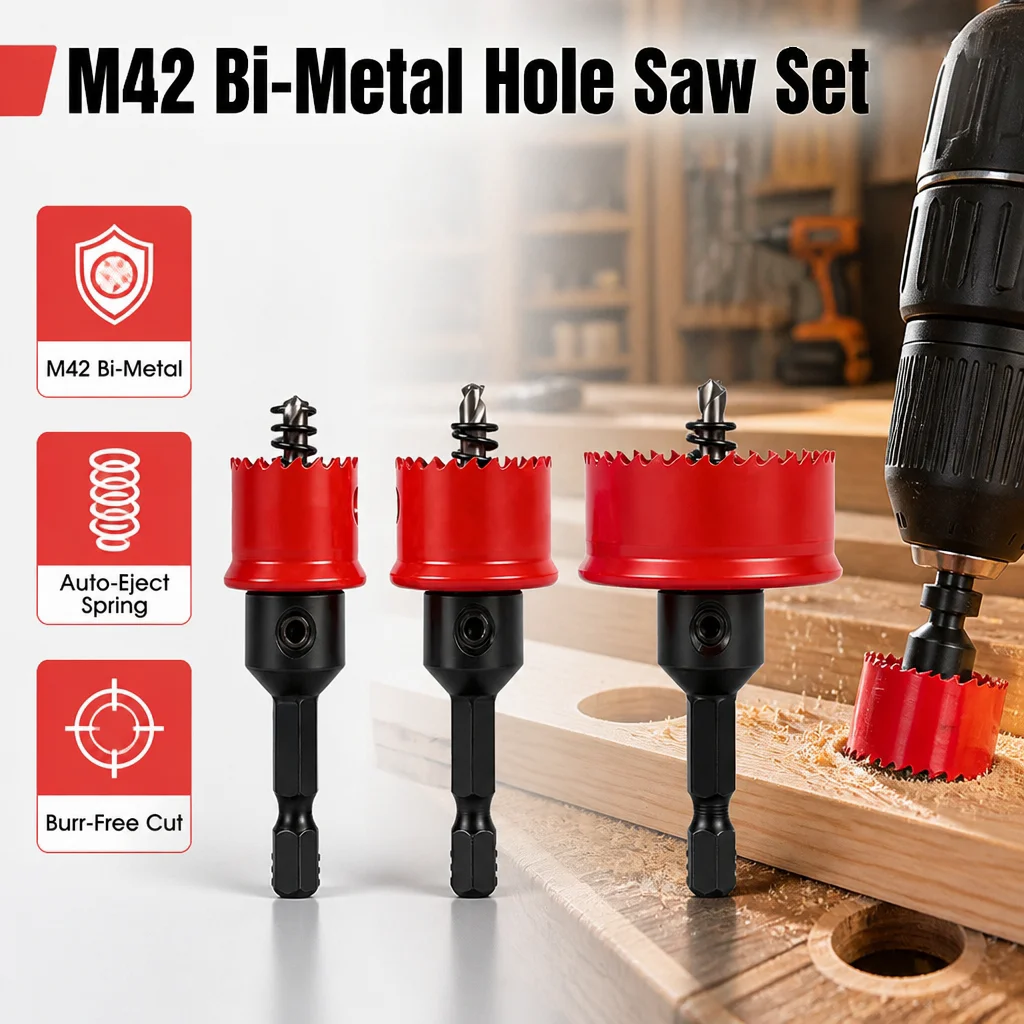 Hole Saw Set M42 Bi Metal 20 25 35mm Variable Pitch Heavy Duty Cutter With Spring Loaded Pilot Drill Hex Shank For Wood Metal