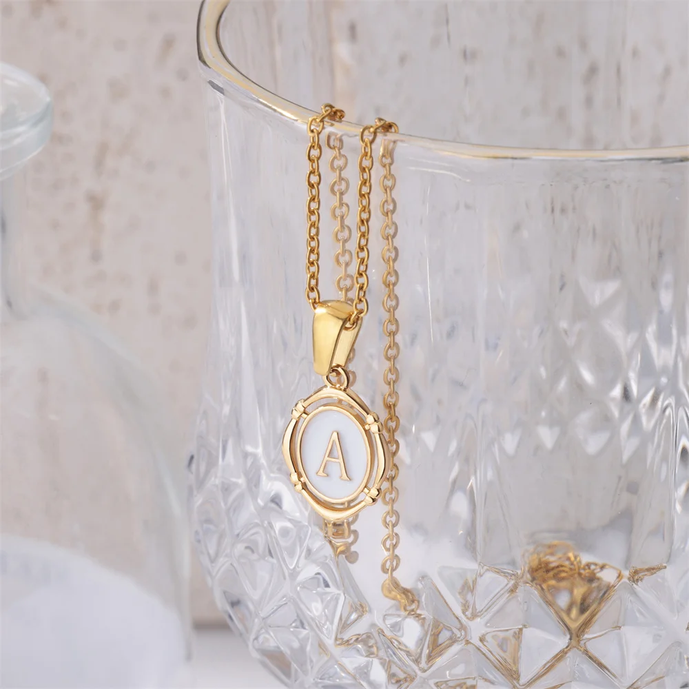 Stainless Steel A-Z Letter Necklace For Women Gold Color Circular Dropping Oil Initial Pendant Neck Chain Aesthetic Jewelry
