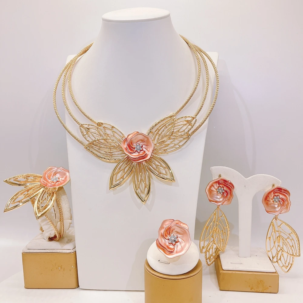 High Quality Chic Floral Filigree Jewelry Set 4Pcs Gold Plated Enamel Rose Necklace Bracelet Ring & Earrings