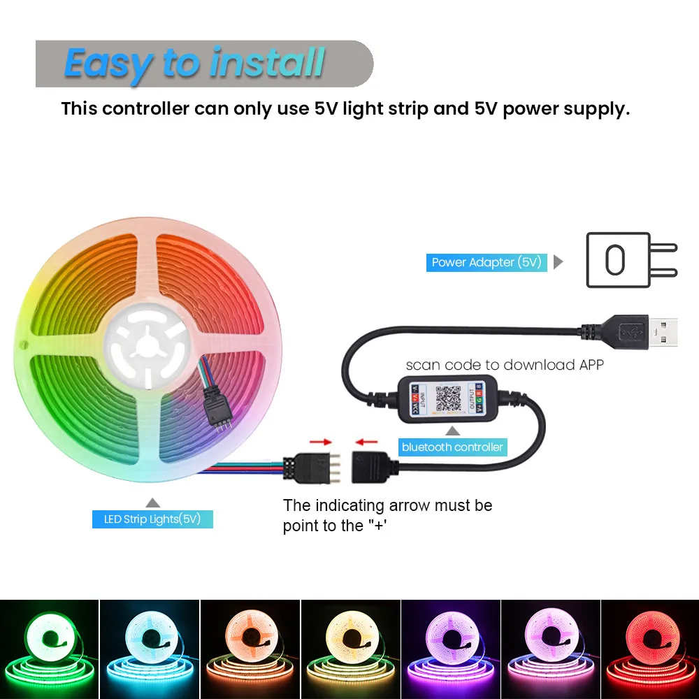 Bande lumineuse LED COB RVB USB 5V, compatible Bluetooth, Wi-Fi, 24 touches, kit de télécommande 44 touches, lumières linéaires 576 LED, lampe à