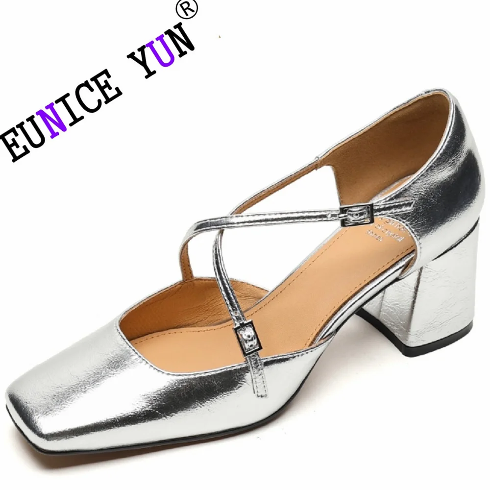 

【EUNICE YUN】Women Brand Genuine Leather Square Toe Lady Shoes Mary Jane Shoes French Style Sandals Buckle 33-40