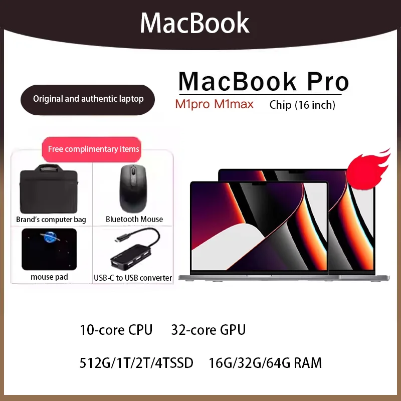 2021 MacBook Pro M1pro max 14Inch 16Inch 10-core CPU  32-core GPU 512G/1T/2T/4TSSD 16G/32G/64G RAM.