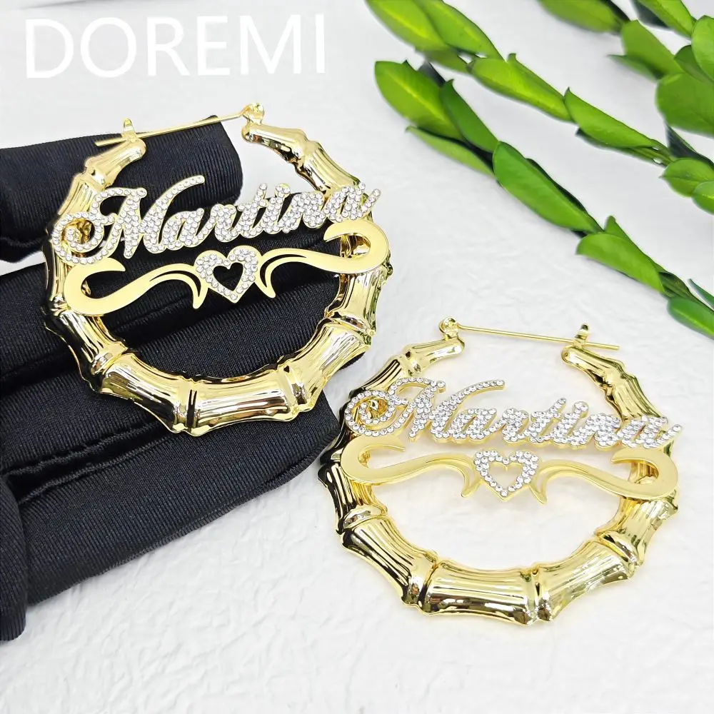 DOREMI Hip-Hop Crystal Name Stainless Steel Name Bamboo Earrings Personalised Diy Letters Full Diamond Name Bamboo Earrings