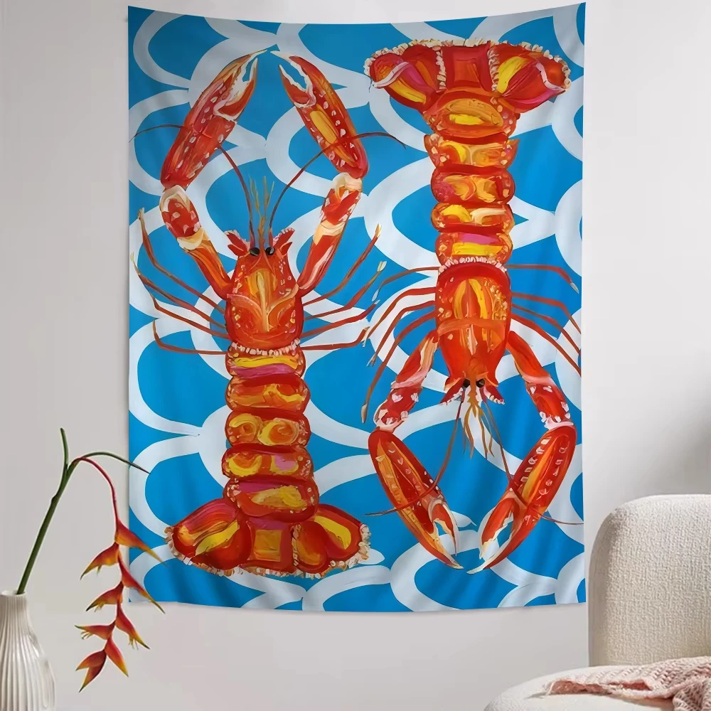 Colorful Sardine Lobster Fish Tapestry, Bohemian Japanese Ocean Wall Hanging for Living Room Home Dorm Room Decor Gift