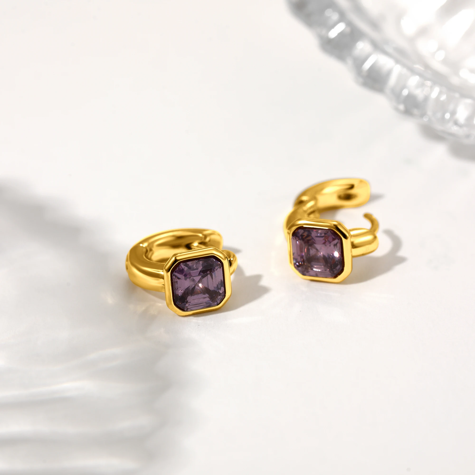 Stainless Steel Square Zircon Earrings Geometric Round Gold Ear Buckle Green Purple Shiny Square Earrings Women Jewelry Gift
