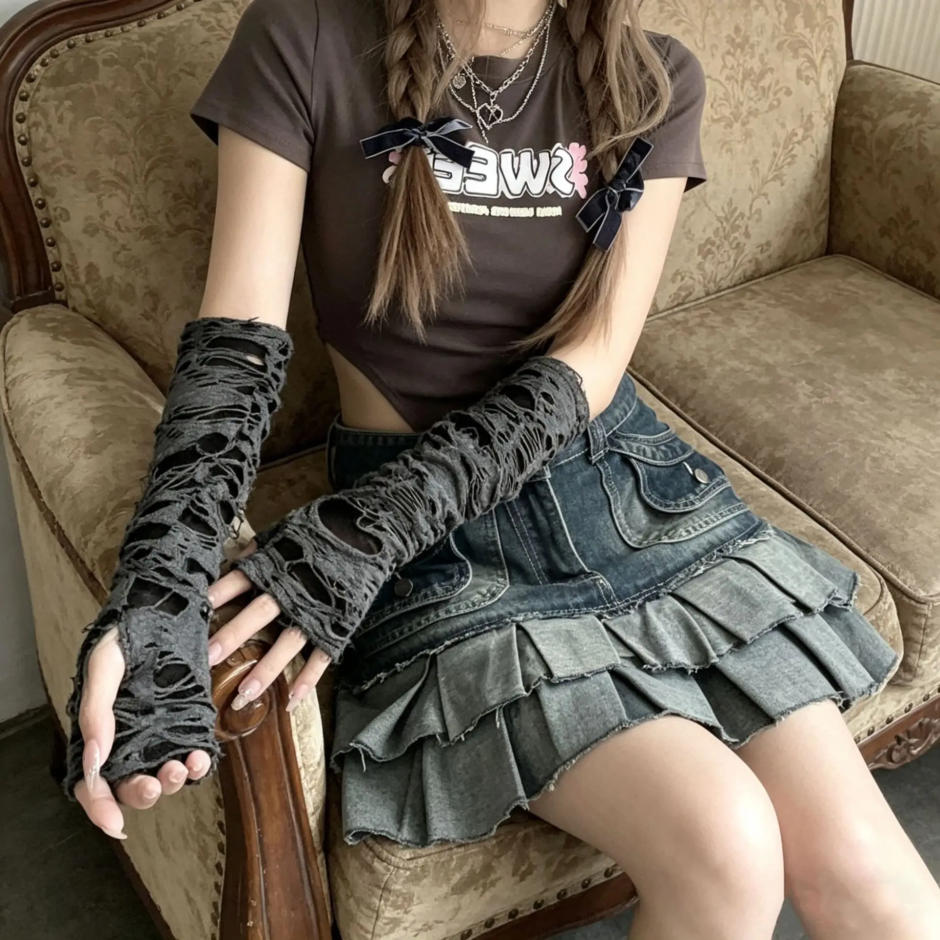 Arm Sleeves Distressed Ripped Hollow Cutout Women Subculture Edgy Halloween Gloves Party Cosplay Black Polyester Lightweight
