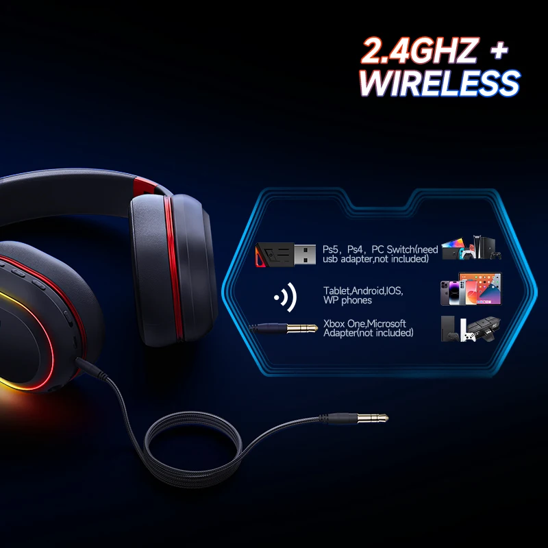 Kofire UG-05 Gaming Headphones Wireless 2.4G Bluetooth Three Mode Headset ENC Mic RBG Light 3D Vibration for PC PS4 PS5 Switch