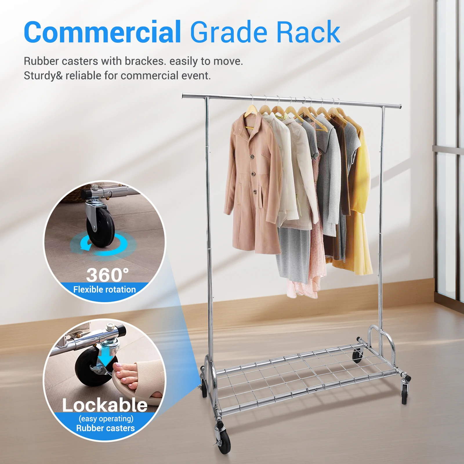 Garment Rack Clothes Adjustable Rolling Clothing Rack Stand Metal Closet Rod Heavy Duty 450LBS with Shelves Wheels