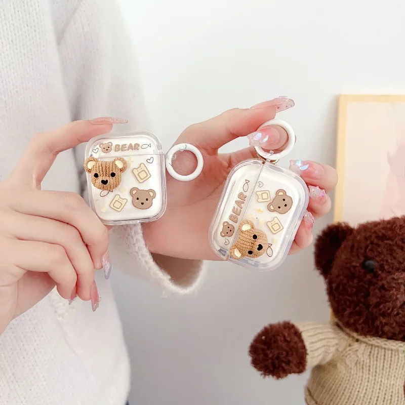 Cute teddy bear double-sided printed doll suitable for headphone protective case, headphone case with circular ring