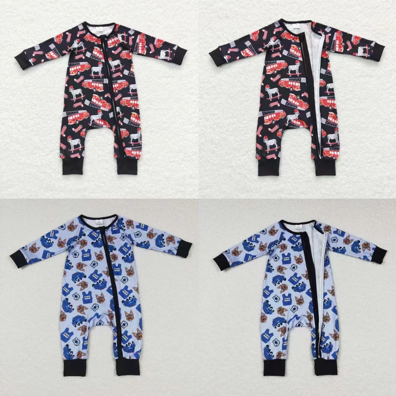 

Wholesale Toddler Zipper Baby Boy One-piece Newborn Coverall Bodysuit Jumpsuit Kids Long Sleeve Dogs Fire Trucks Romper Clothing