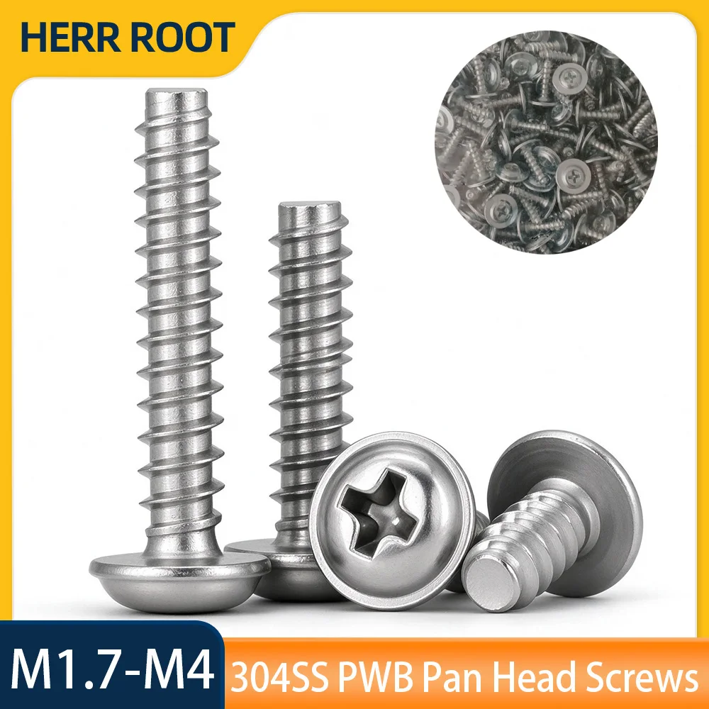 100pcs DIN967 304 Stainless Steel PWB Cross CollarPhillips Pan Round Head Screw Bolt With Washer M1.7-M4Padded Collar Screw Bolt