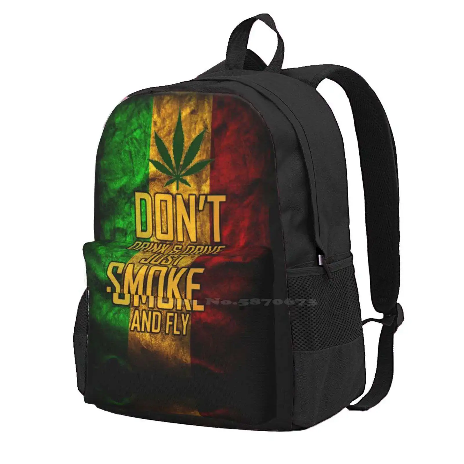 Smoke And Fly School Storage Bag Student's Backpack Smoke And Fly Rasta Flag Quote Rastafari Weed