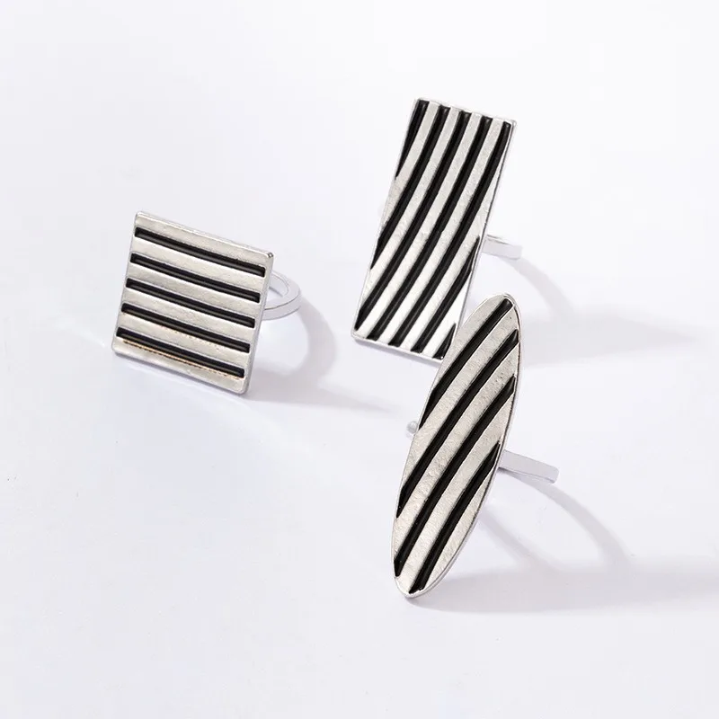 Amazon cross-border, personalized simple jewelry, three-piece set of oil-dripping striped rings, geometric square ring set.