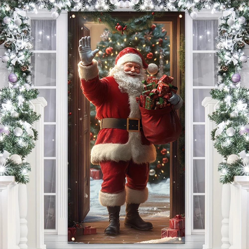 1 durable polyester vintage Santa Claus door cover banner, holiday multipurpose holiday family gathering item