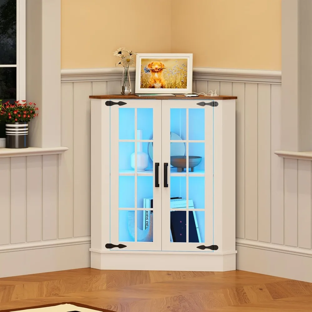 

Small Corner Cabinet with 2 Doors, Farmhouse Bathroom Cabinet with LED Light, Free Standing Home Floor Corner Storage Cabinet fo