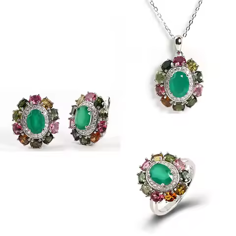 Noble natural green agate tourmaline Ring Earrings Pendant necklace set 925 Sterling silver Fine jewelry Banquet Gift for women