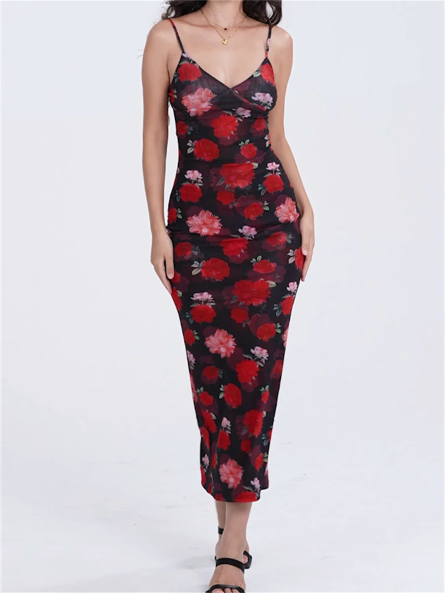 فستان نسائي طويل بطبعة زهور عتيقة ، حزام سباغيتي ، ملاصق للجسم ، بلا أكمام ، رقبة حرف V ، عاري الظهر ، ملفوف ، حفلة مسائية