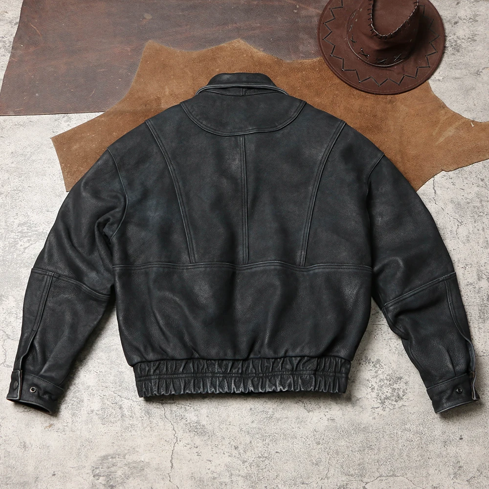 Tailor Brando Heavyweight Brushed Cowhide Men's Loose Fit Vintage 90'S Classic Genuine Leather Jacket