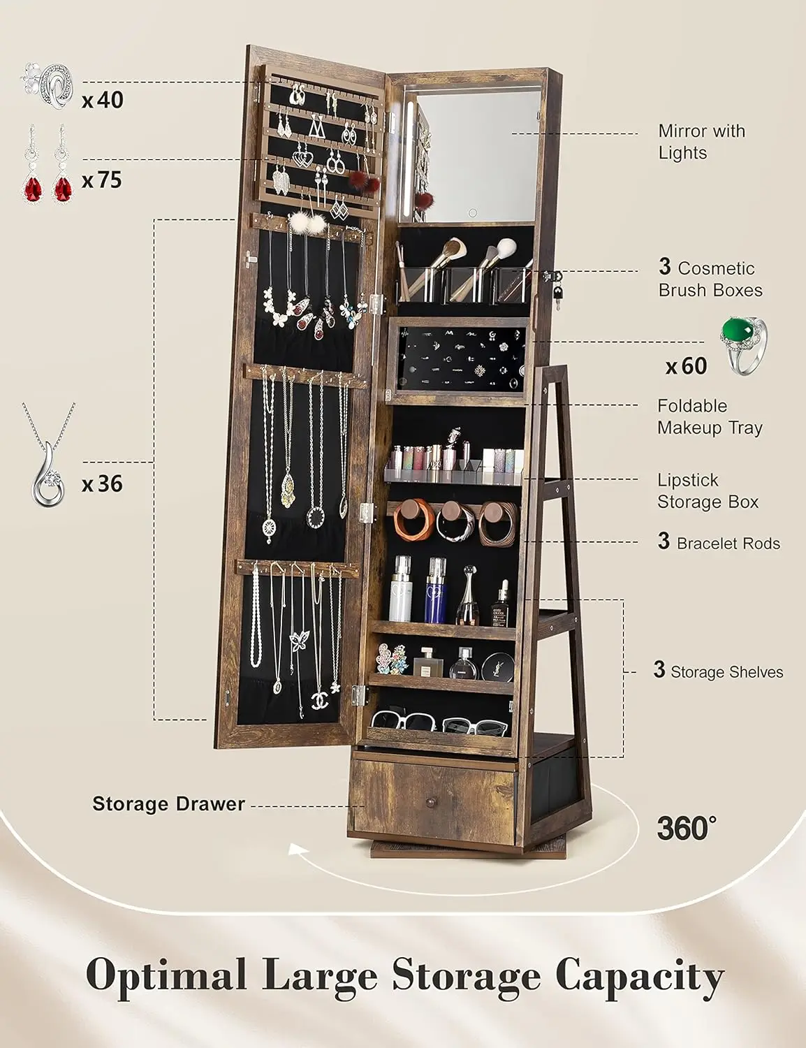 360 °     خزانة مجوهرات دوارة مع أضواء، مرآة زينة بشاشة تعمل باللمس، مرآة كاملة الطول قابلة للدوران مع مساحة تخزين للمجوهرات #5
