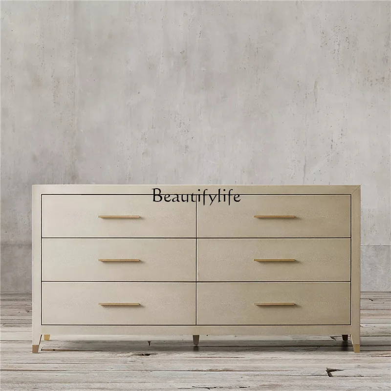 

10*American retro carved solid wood buckle leather dining side storage cabinet dining room living room