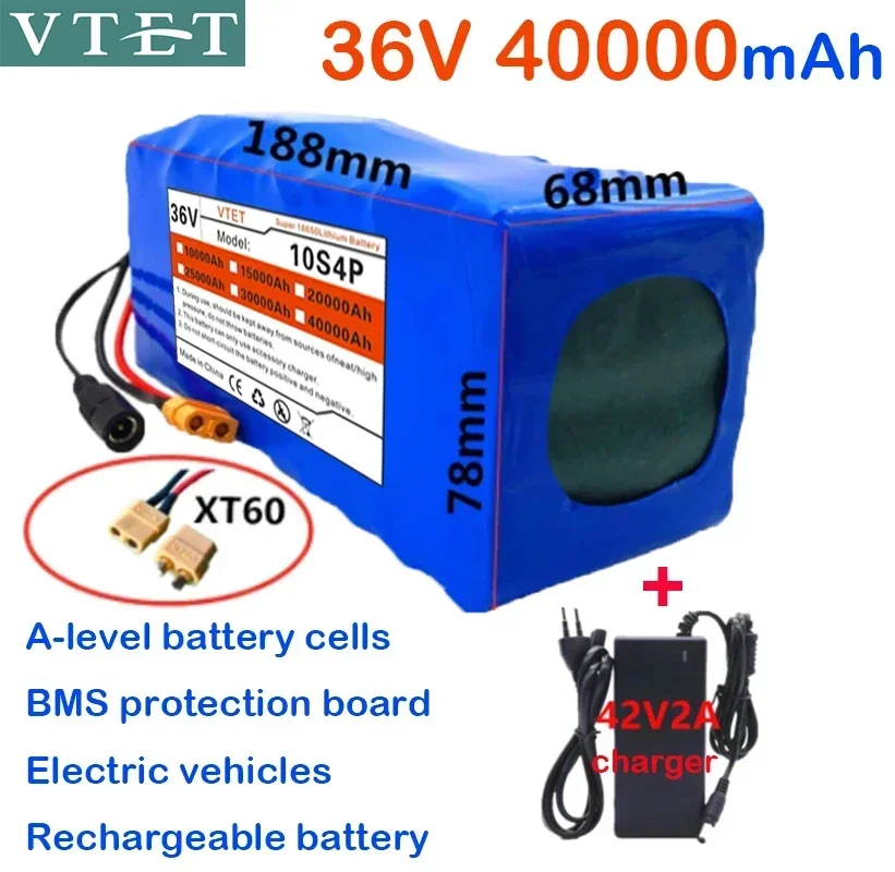 

2024 New 36V 40Ah 10S4P XT60 Battery Pack 1000W High Power Battery High Quality 18650 Battery BMS+42V Charger DIY Production