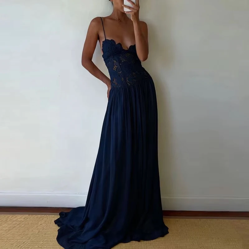 Casual mouwloze effen vakantiejurk, elegante off-shoulder chiffon halterjurk, sexy damesjurk met kant en patchwork, feestjurk met tailleaccent.