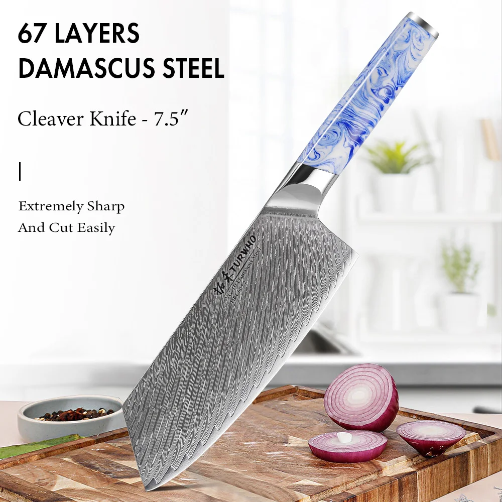 TURWHO 7.5-inch Cleaver Knife Japanese Damascus Steel Kitchen Chef Knife Chinese Meat Vegetable Sharp Professional Cooking Tools