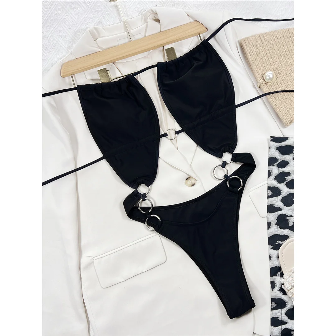 Metallringe, Neckholder, ausgeschnittener Damen-Badeanzug, einteiliger Badeanzug, rückenfreier Monokini, hoch geschnittener Badeanzug, Badebekleidung, Badeanzug V4052 – Detail 9
