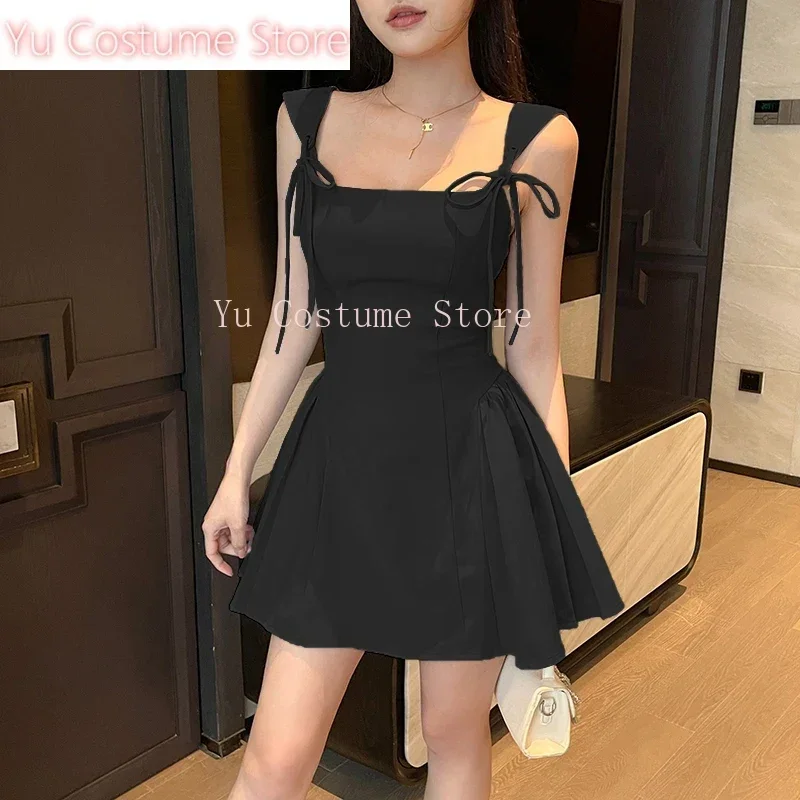 

Yu Costume Store Women's Elegant Directional Design Dresses New Short Petite Wide Straps Tie Waisted A Hem Dresses