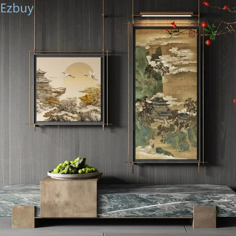 New Chinese landscape light painting metal boom decorative painting hotel model room art pendant wall hanging painting