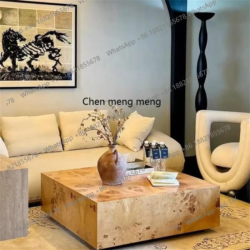a55 French antique natural leather coffee table solid wood parquet square retro wabi sabi tea table advanced sense