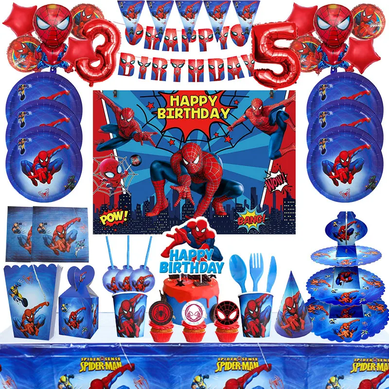 Spider Man Birthday Party Decorations Pennant Tablecloth Banner Straws Balloon Set Spider Man Theme Party Supplies For Children