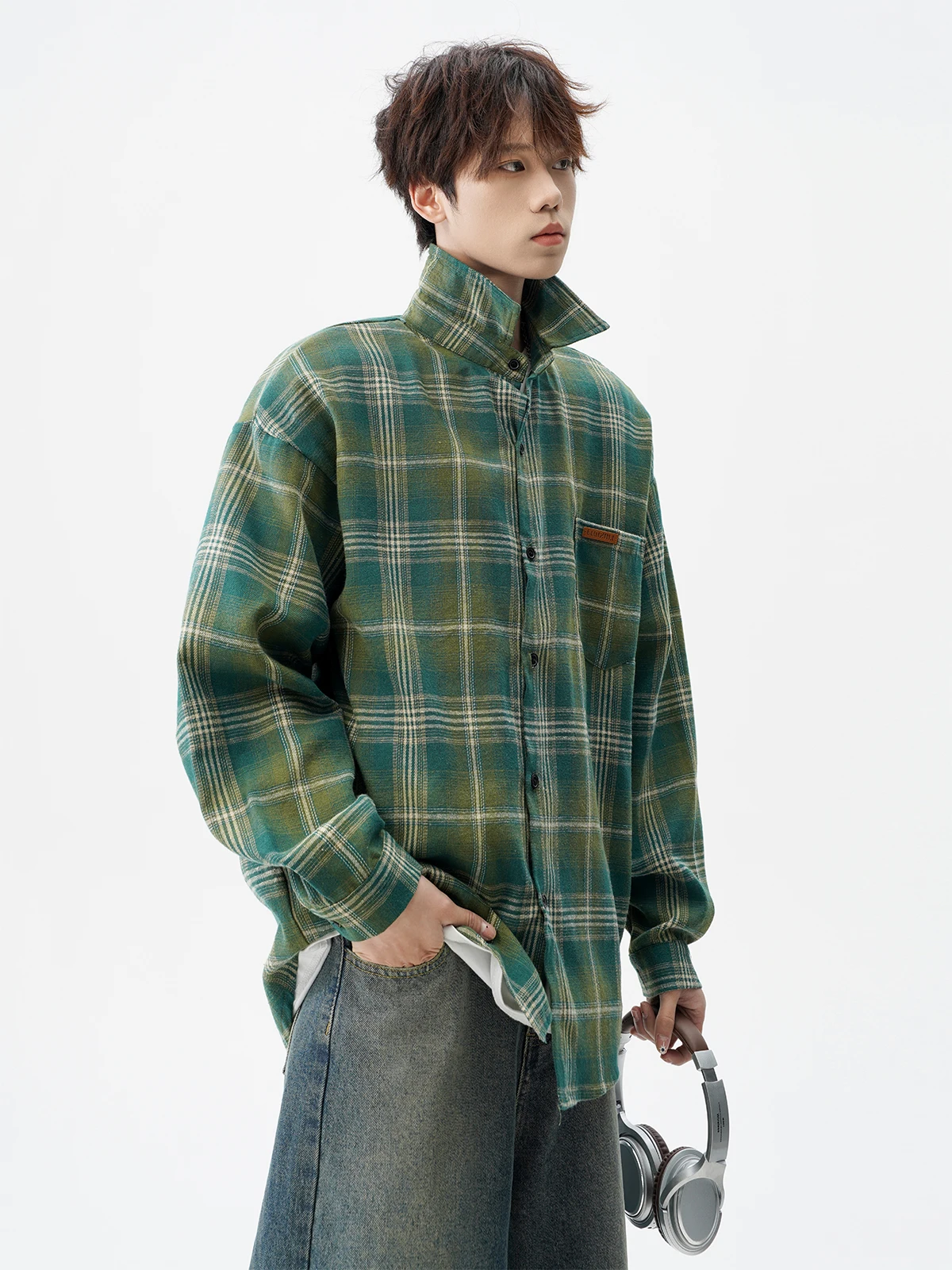 Summer and Autumn American Style Men's Blue Plaid Long Sleeve Shirt High Street Loose Versatile Casual Green Short Sleeve Shirt