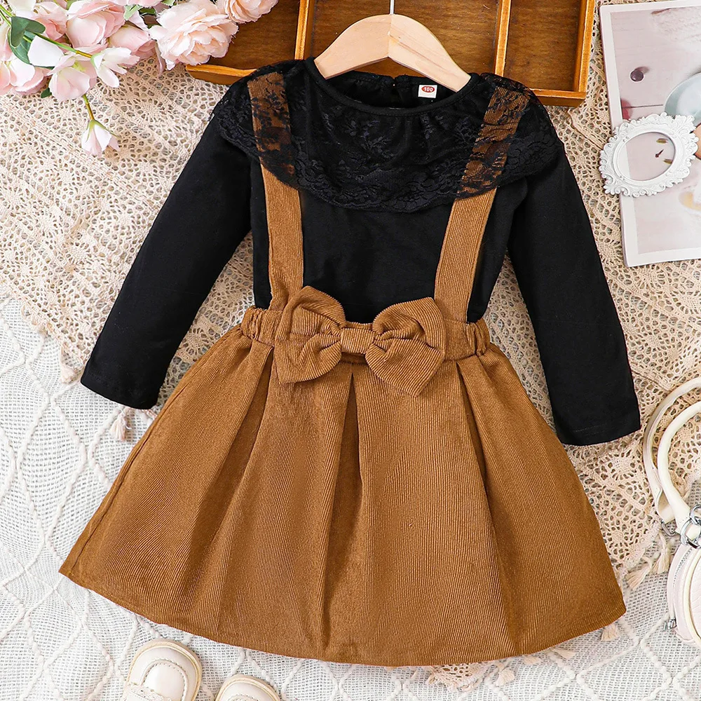 

2023 New Girls Dress Long Sleeve Lace Black T-shirt Bow Brown Rompers Cute Designer Girls Princess Dress Vestido 18M-7T