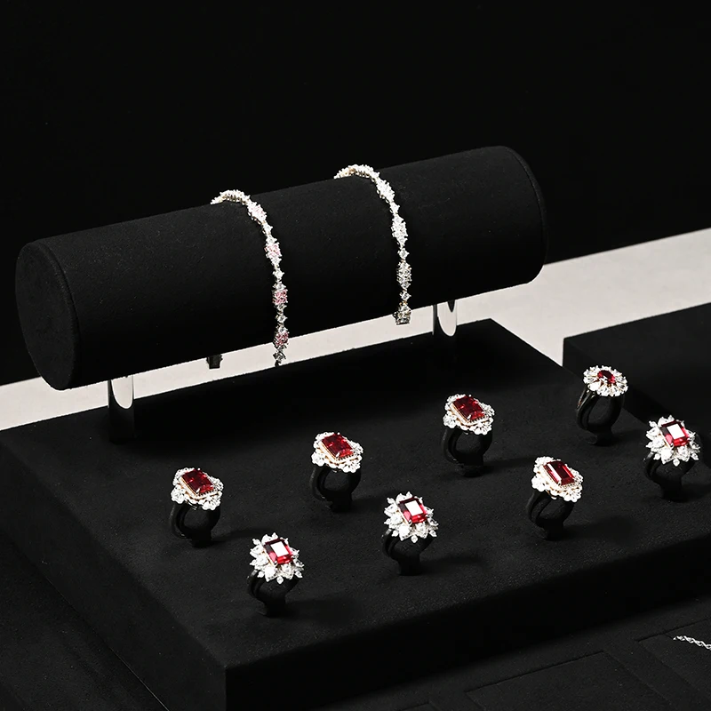 Oirlv Black Jewelry Displays Ring Earring Necklace Display Bracelet Bangle Jewelry Display Tray Velvet Diamond Gems Tray Set