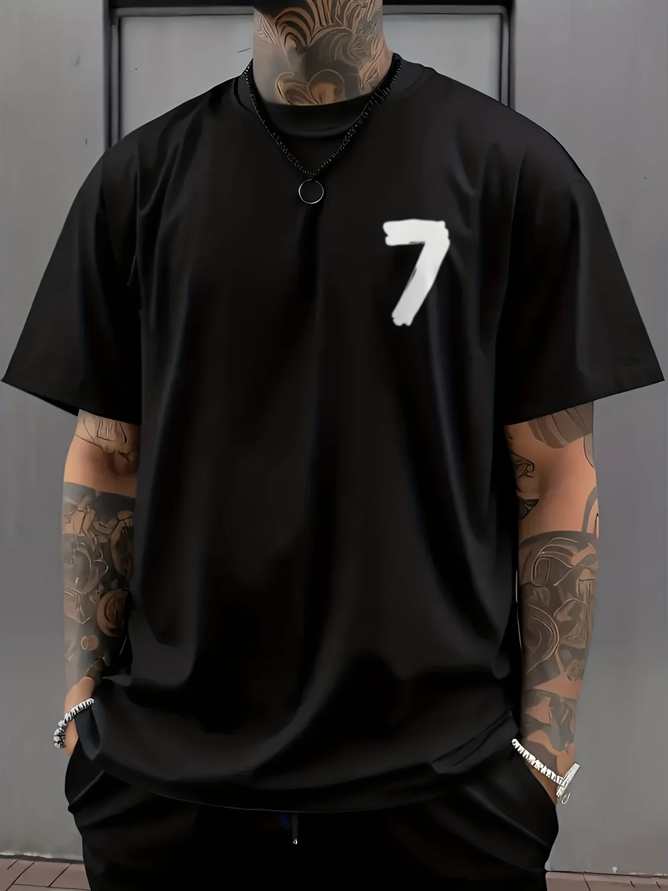 Edgy Brushstroke „7“-Zahlen-T-Shirt mit minimalistischem „Have A Good Day“-Patch-Print, 100 % Baumwolle, Herren-T-Shirt, Sommer-Streetwear – Detail 5