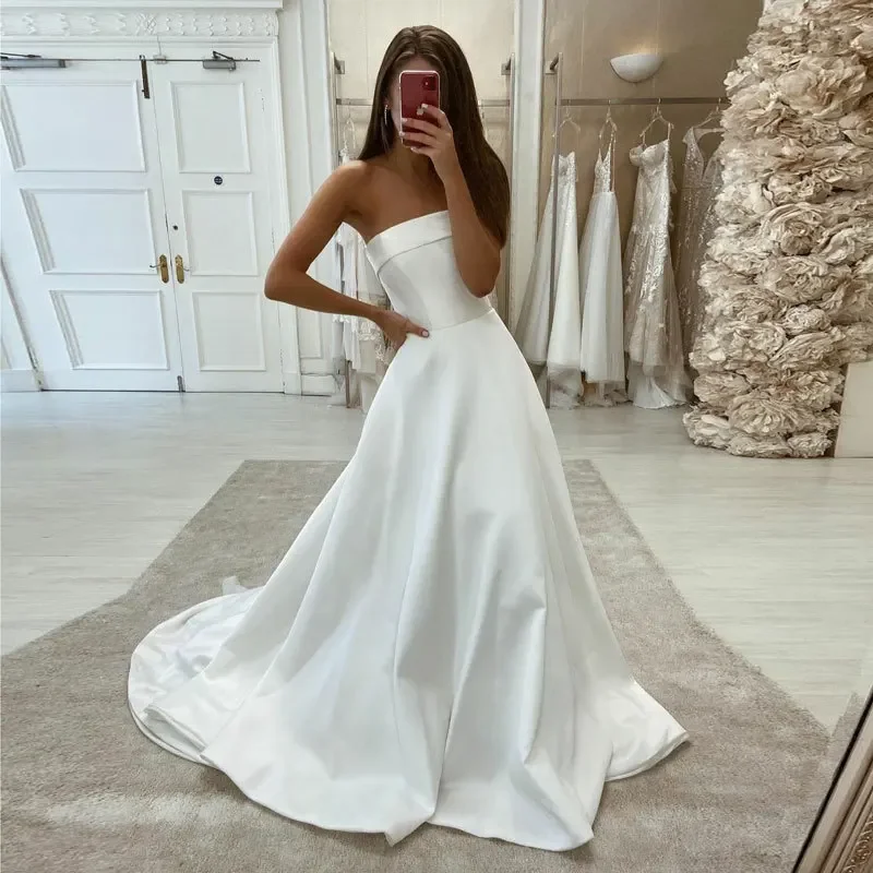 Luxury Slim Trailing White Satin Strapless Wedding Long Dresses for Bride Elegant Prom Evening Guest Cocktail Party Women Dress