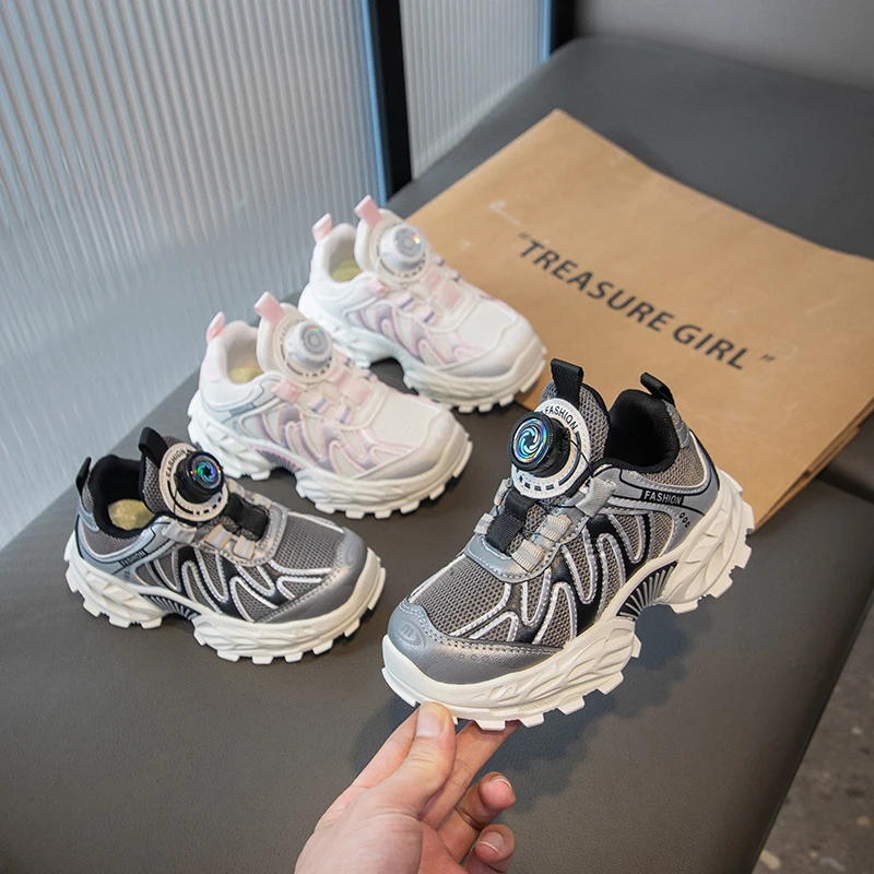 

2026 New Boys' And Girls' Casual Sneaker Button Design Children's Rotating Mesh Torre for Autumn and Spring kids shoes for girl