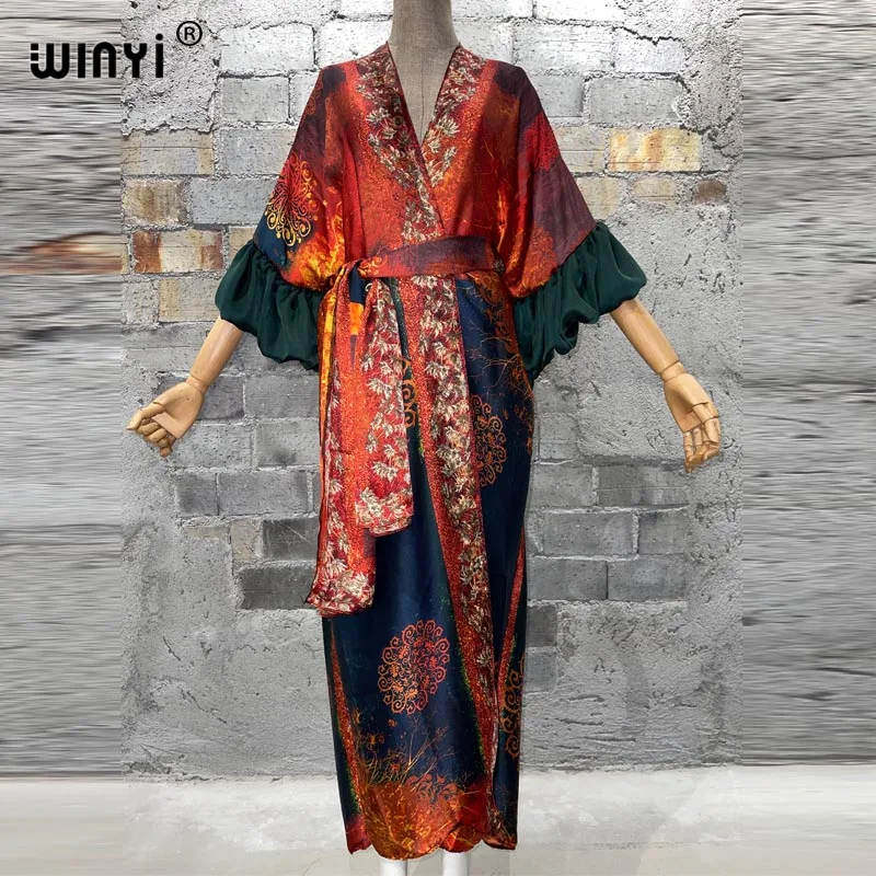 WINYI Fashion print Self Belted dress Women Elegant Summer holiday Bubble sleeve cardigan beach Wear Swim Suit cover up kimono