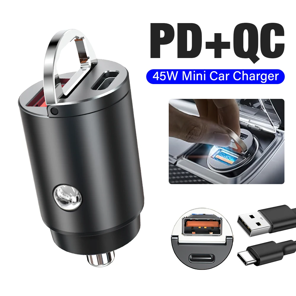 45W Mini Car Charger Dual Ports Pull Ring Fast Charge USB Type C PD30W QC3.0 Car Adapter for iPhone 14 13 12 Xiaomi Samsung S23