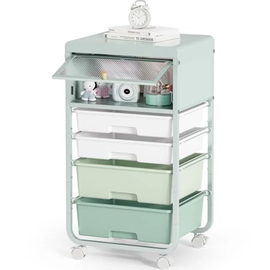 

Green 4-Tier Utility Rolling Storage Drawer Craft Cart with 4 Drawers Dust-Proof Door for Kid Craft Art Room Bedroom Home Offic