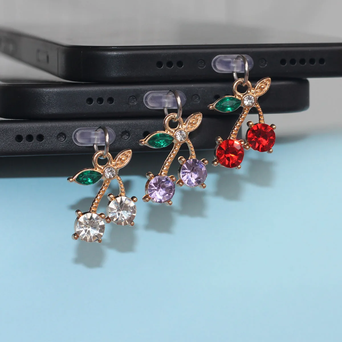 

Mobile Phone Dust Plug Hanging Pendant Crystal Stone Design Fruit Cherry Multi-color Accessory Decoration For Iphone Type-c Port