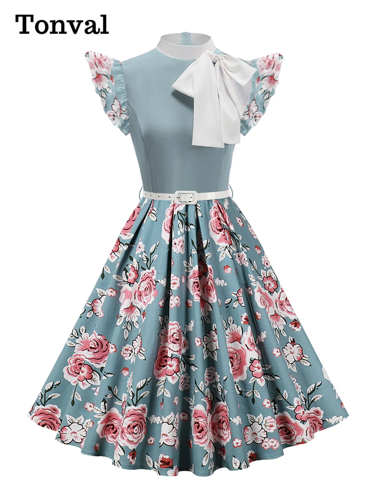 Tonval Bow Details Mock Neck 50s Retro Clothes Summer Women 2025 Flying Sleeve Floral Vintage Patchwork Elegant A-Line Dresses