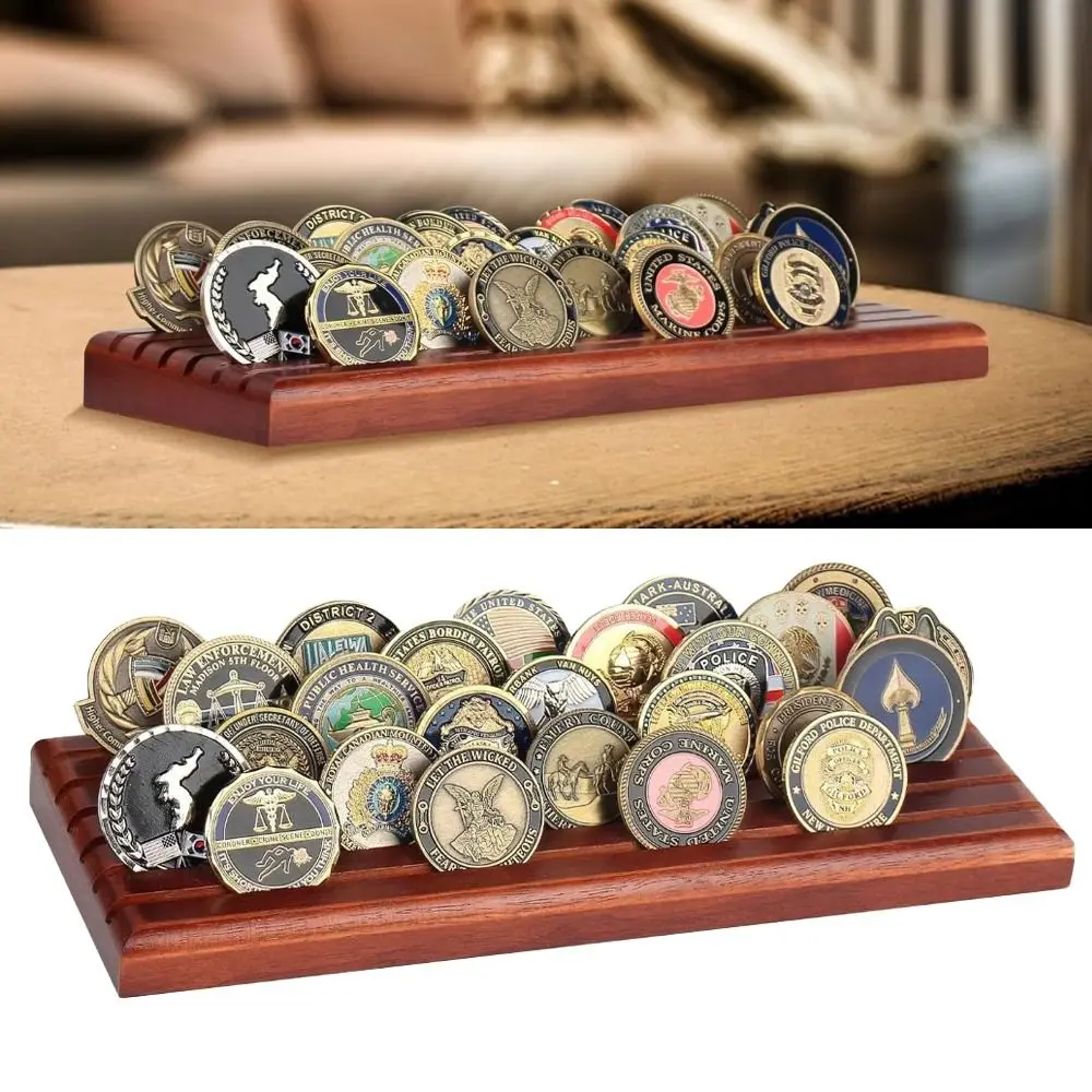 Durable 13 x 5 in Coin Display Stand 6 Rows Rectangular Challenge Coin Display Coin Storage Rack Wooden Collectible Coin Holder