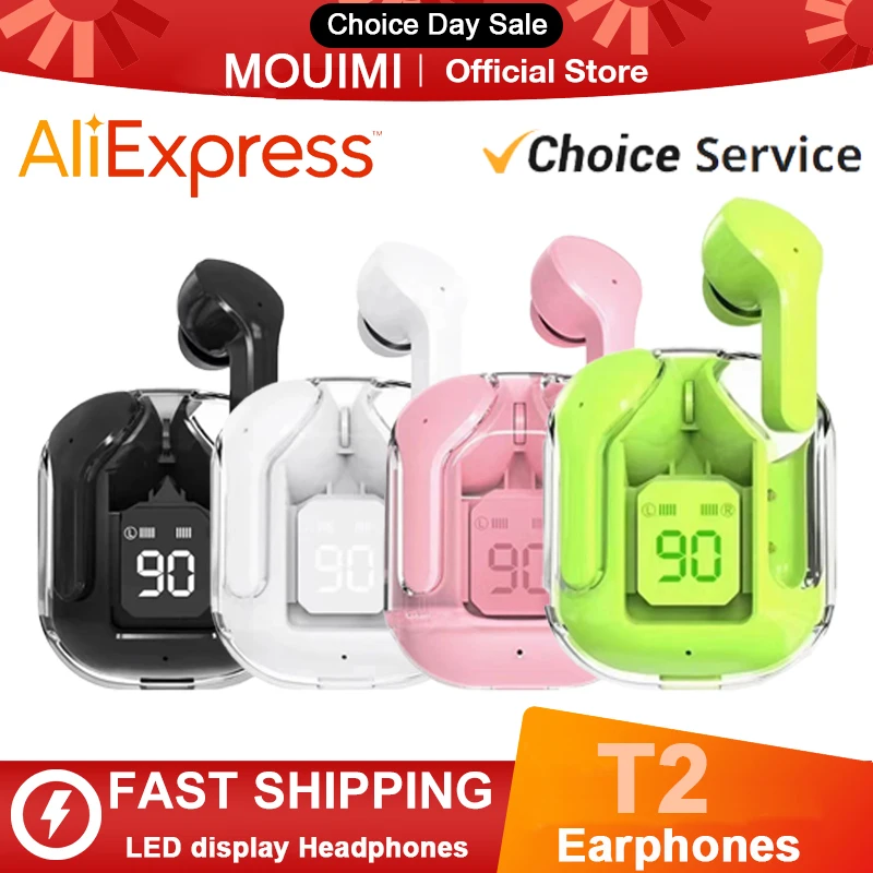 Original T2 Mini Earphone Wireless Bluetooth 5.3 Headphones Touch Control Transparent Earbuds LED Power Digital Display Headset