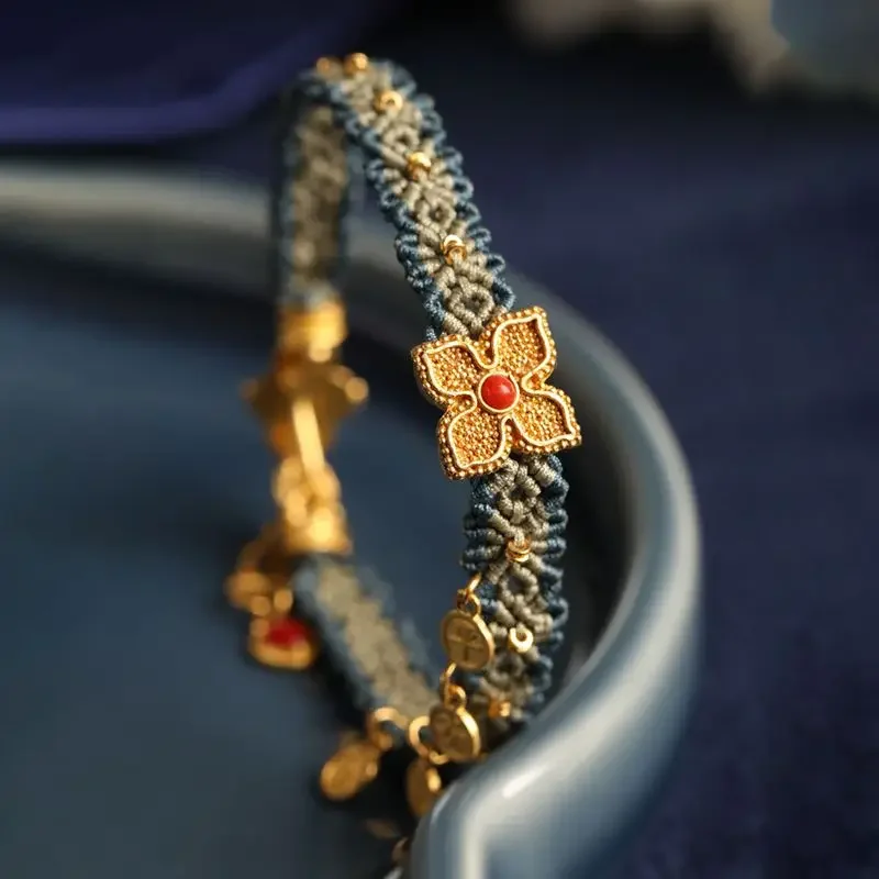 Ancient Yellow Gold Fried Beads Four-Leaf Flower Bracelet National Style Burning Blue Light Luxury Handmade Safe Joy Braid Rope