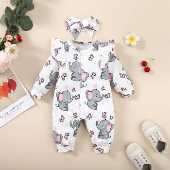 Baby Girl Romper Long Sleeve Cute Elephant Bodysuit+Headband Casual Bodysuit for Toddler…