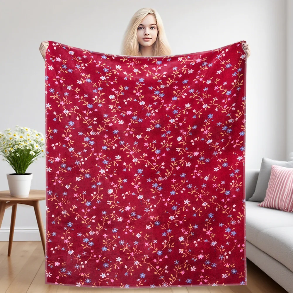 Burgundy Floral Sofa Specific Soft Flannel Blanket, Universal Plush Gift Blanket For All Seasons