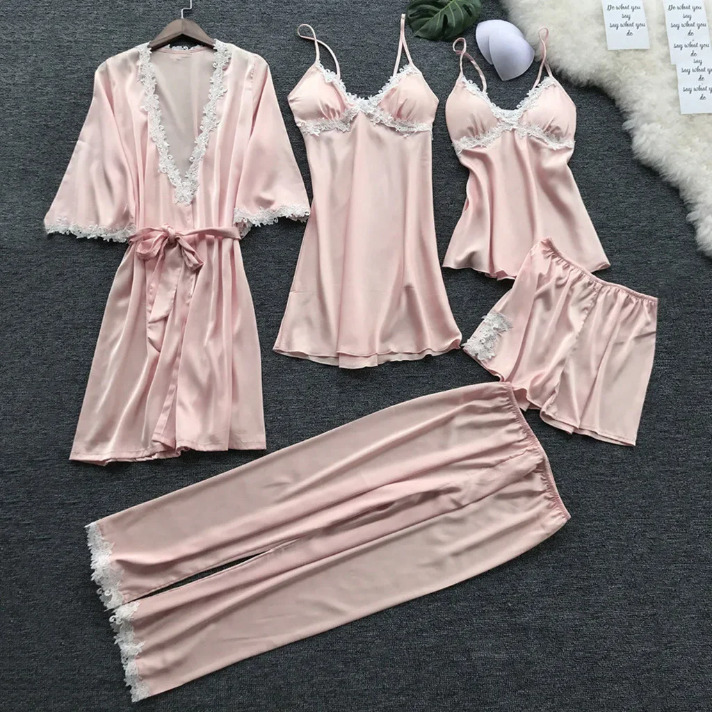 

5pc Nightgown Robes Satin Lace Pajamas Set Intimate Lingerie Silky Sexy Women Sling Dress With Chest Pads Pijamas Sleepwear Suit